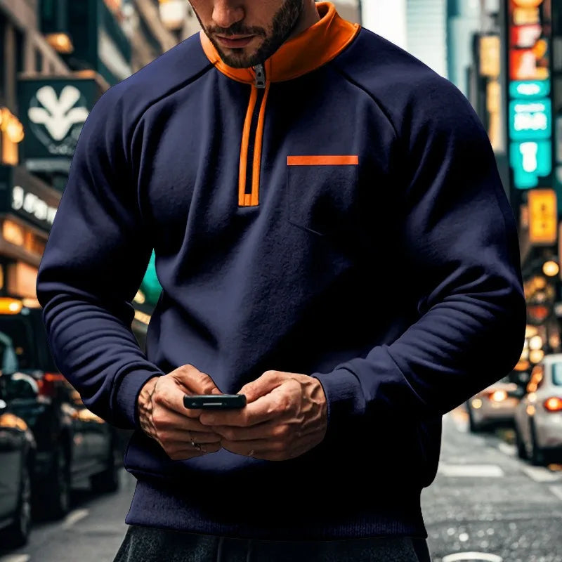 Autumn Man Hoodies Sweatshirts Stand Collar Half Zip Matched Color Pocket Loose Solid