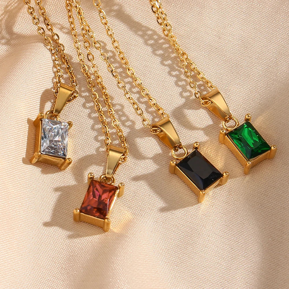 Dreamshow Non Tarnish Colorful Square Zircon Pendant Necklace for Women 18K Gold Plated Necklace