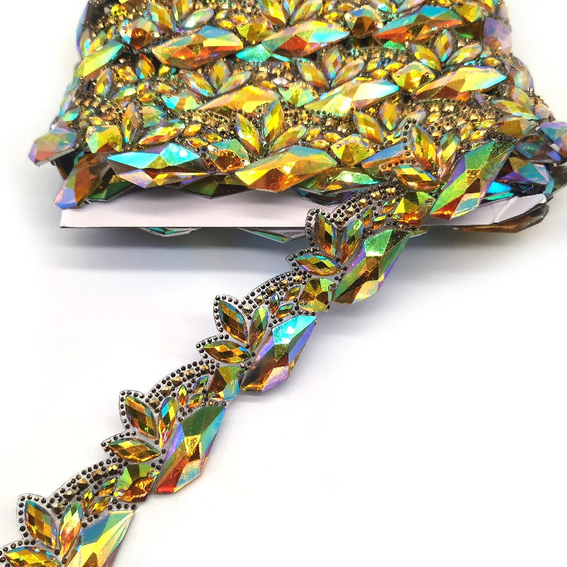 Best Sell Fashion Garment Carnival OEM ODM Yellow AB Color Hot Fix Rhinestone Costume Chain Fringe Trim on Roll