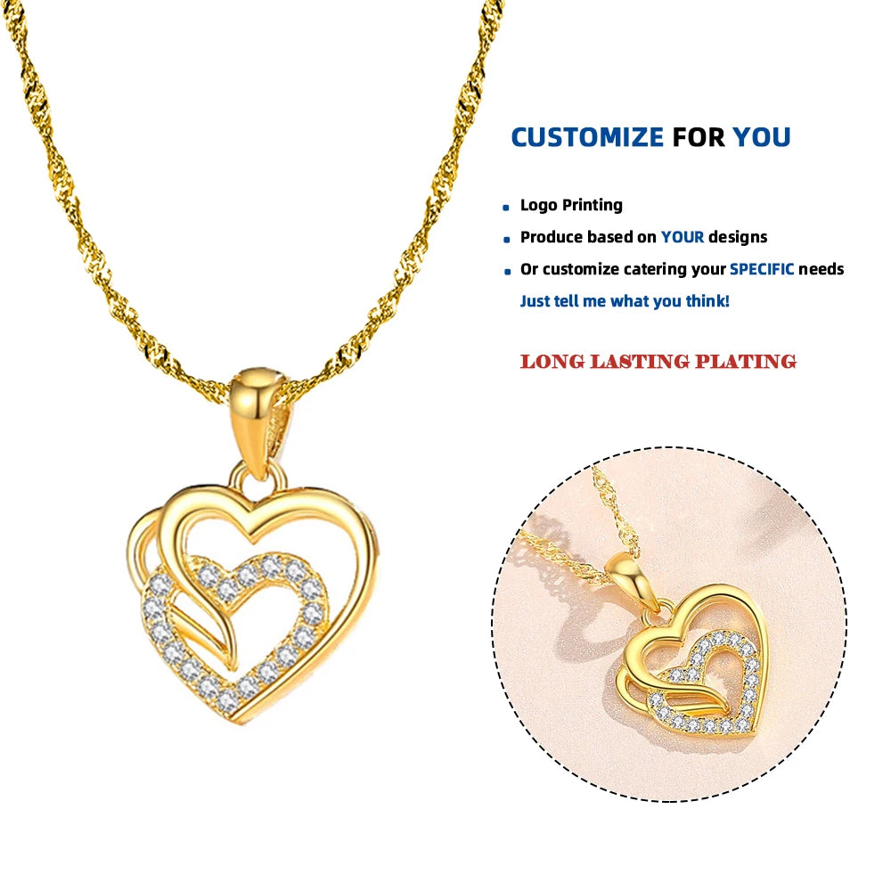 DY970 925 Sterling Silver Double Heart Pendant Necklace Gold Plated Fashionable Zircon Pearl for Women Wedding Party Engagement