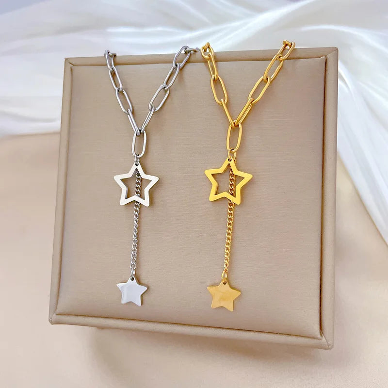 DAIHE Fashion 18k Gold Plated Stainless Steel Necklace Link Chain Tassel Star Necklaces in Gold and Silver