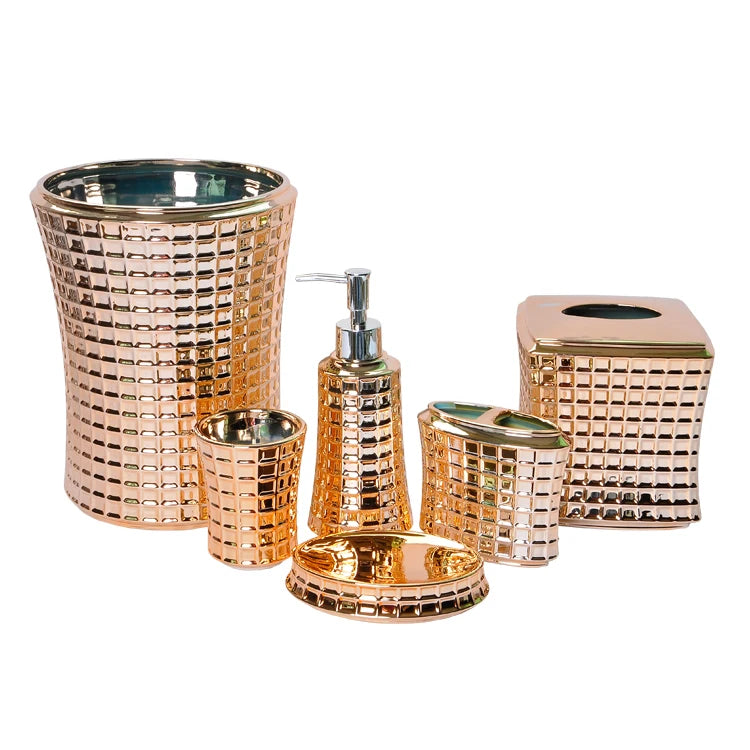 Good Quality Factory Ceramic Stoneware Four-piece Rose Gold Eco-Friendly Hand-Painted Luxury Bathroom Accessories Set Custom