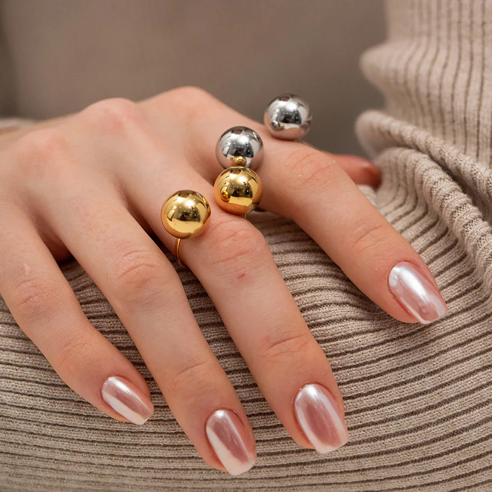 New Ins Design Stainless Steel Rings Waterproof Gold Plated Open Size Fashion Rings for Women Wholesale Irregular Ball Rings