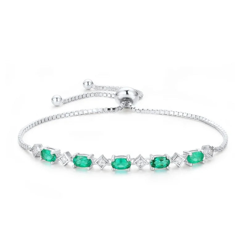 New Arrival Sterling Silver Cubic Zirconia and Gemstone Adjustable Bracelets Fashion Birthstone Lab Grown Emeralds Bracelet