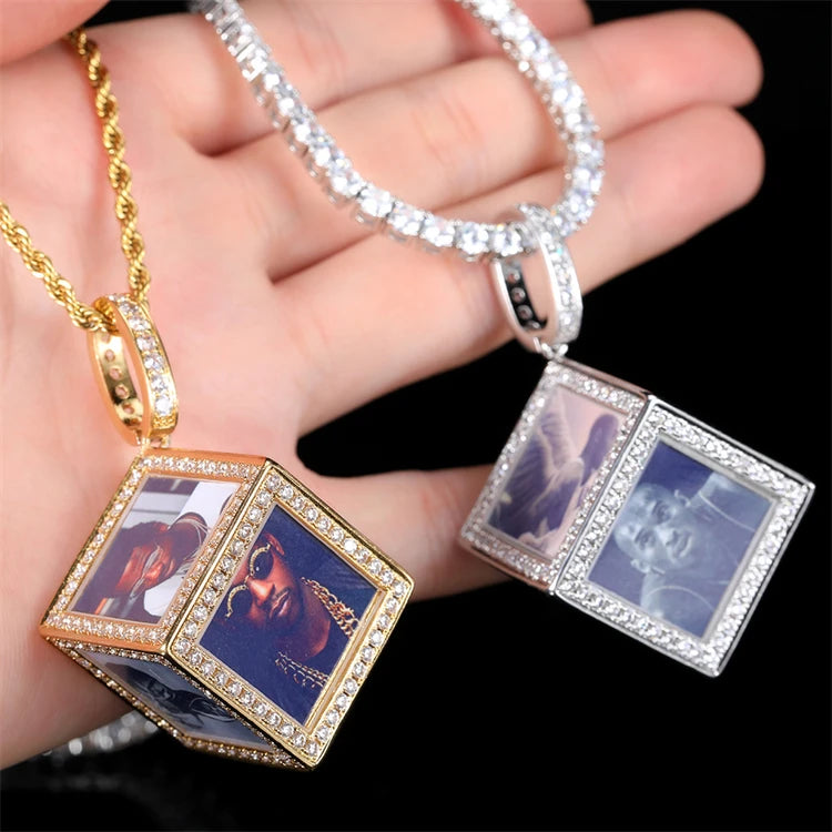 Personalized Hip Hop Jewelry Custom Cube Photo Pendant Necklace Bling Iced Out Memory 6 Sides Photo Pendant Necklace