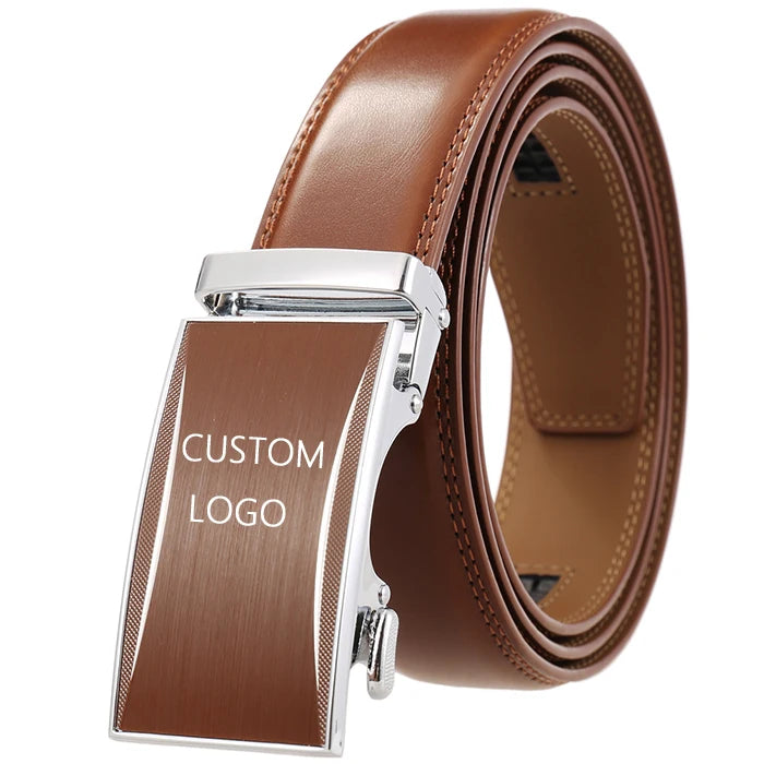 Wholesale Customized Logo High-Grade Luxury Business Classic Formal Brown Men's Automatic Ratchet Cowhide Leather Waterproof
