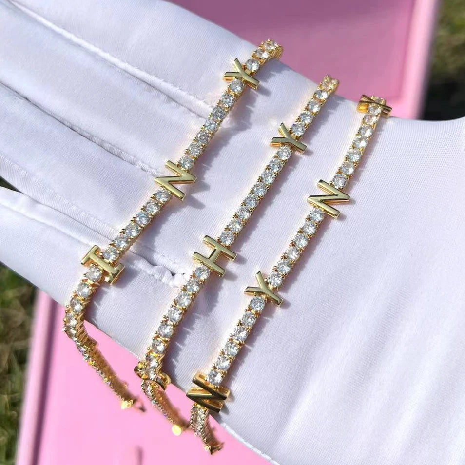 TOP ICY Custom Name Hip Hop Icy Tennis Bracelet Zirconia Personalized Name Letter Bracelets Charms Necklace Women DIY Jewelry