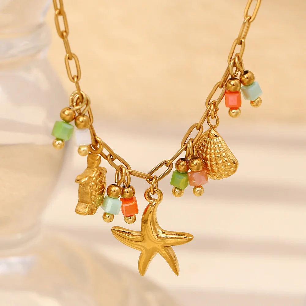 European American High-End Elegant 18K Golden Beach Style Stainless Steel Necklace Women's Fashion Pendant Necklaces