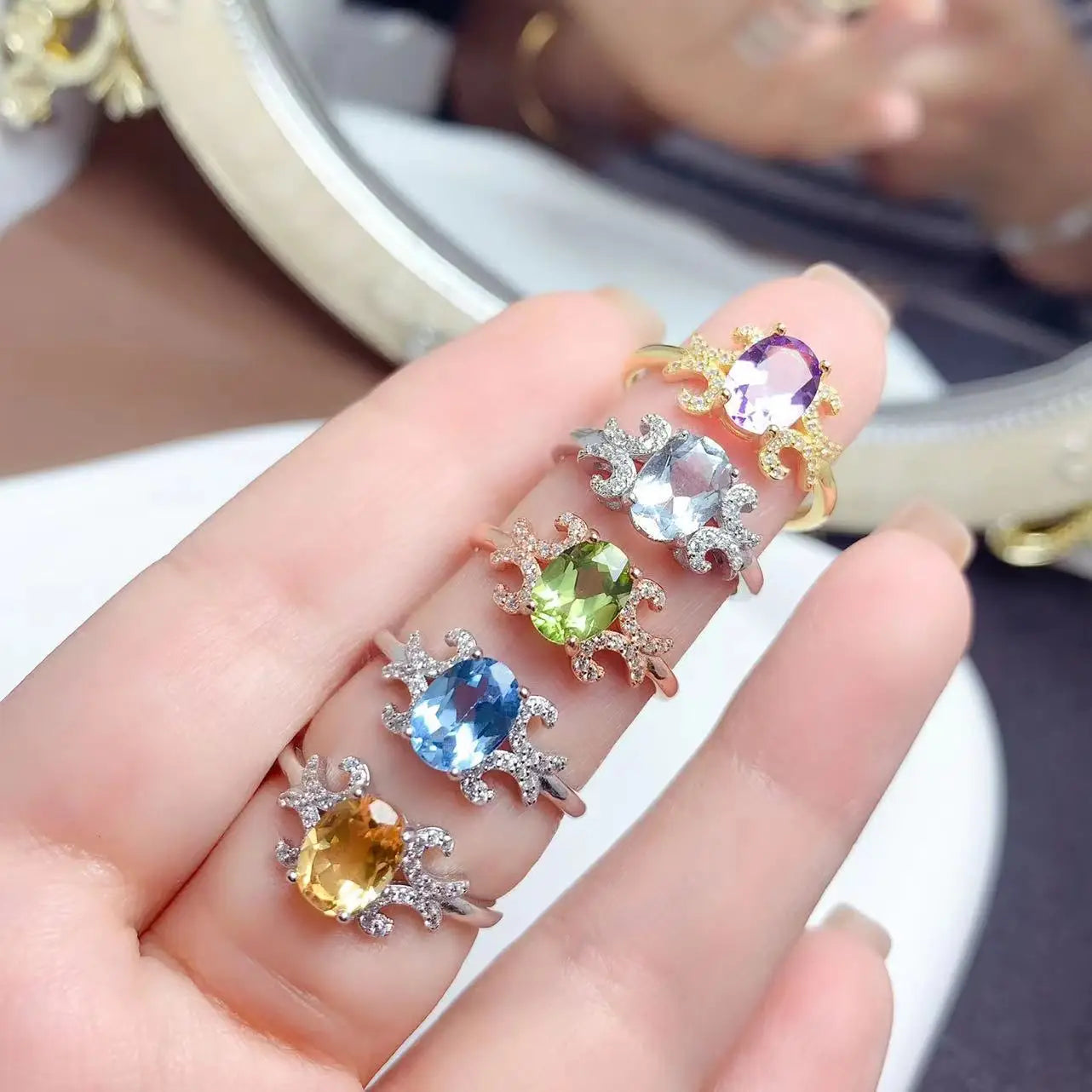 New Design 925 Sterling Silver 18k Gold Plated Girls 6mm*8mm Natural Gemstone Ring for Women
