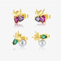 FUAMAY Hawaiian Pearl Earrings with Colorful Blue Sapphire Minture Bee Earrings Big Freshwater Pearl Earrings 18k Gold Plated