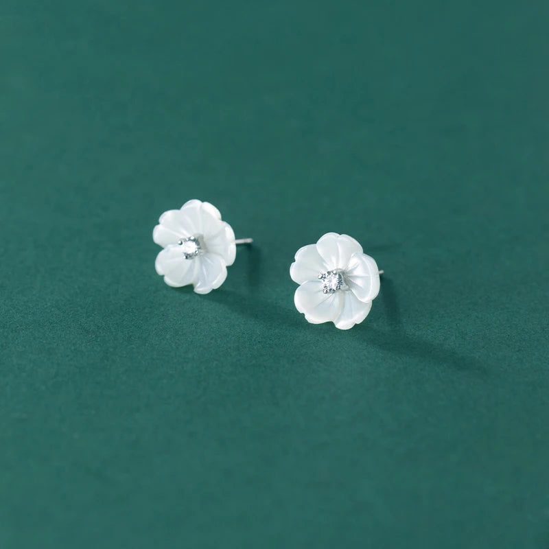 Solid 925 Sterling Silver Korean Small Fresh Shell Flower Women's Sweet Stud Earrings Wedding Party Jewelry