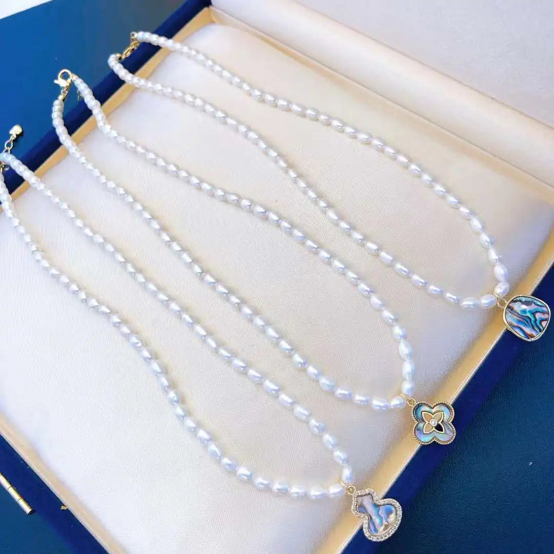 Women's Natural 38+5cm Freshwater Rice Shaped Pearl Necklace Abalone Shell Pendant Gold Beads 5-6mm Freshwater Pearl for Gift