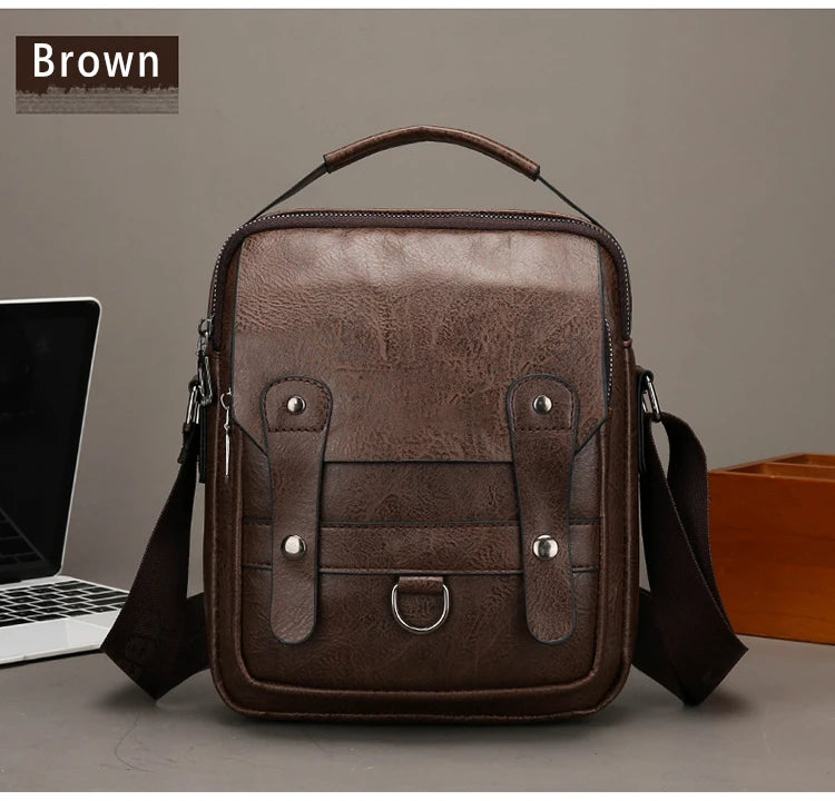 Vintage Simple Crossbody Briefcase Waterproof PU Leather Shoulder Messenger Bag Portable Business Casual Handbag Fashion Style