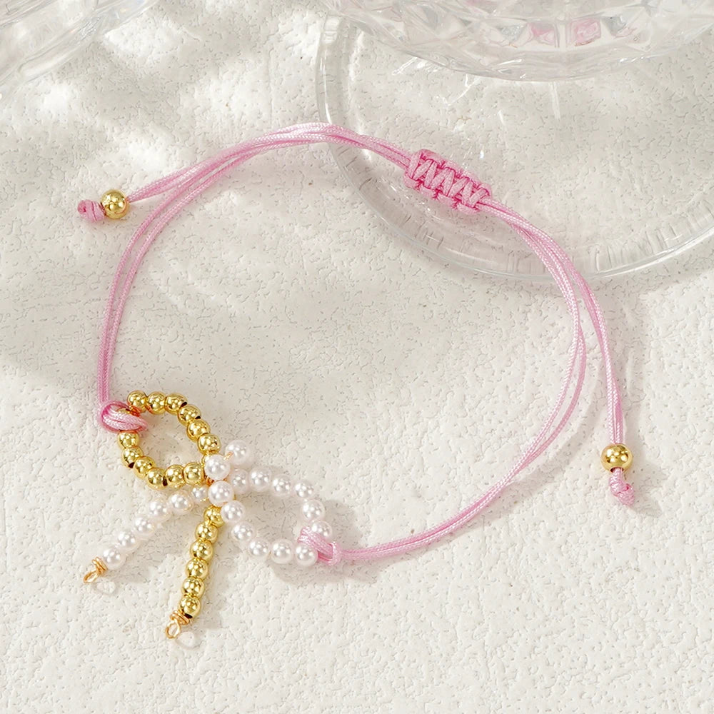 Go2boho Adjustable Beaded Bracelets for Women Valentine's Day Bow Knot Faux Pearl Charm Jewelry Gift for Couples