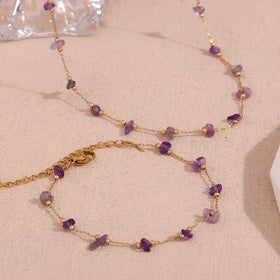 2025 Hot Selling Product Purple Crystal Beaded Chain Necklace Natural Stone Gold Plated Stainless Steel Jewelry