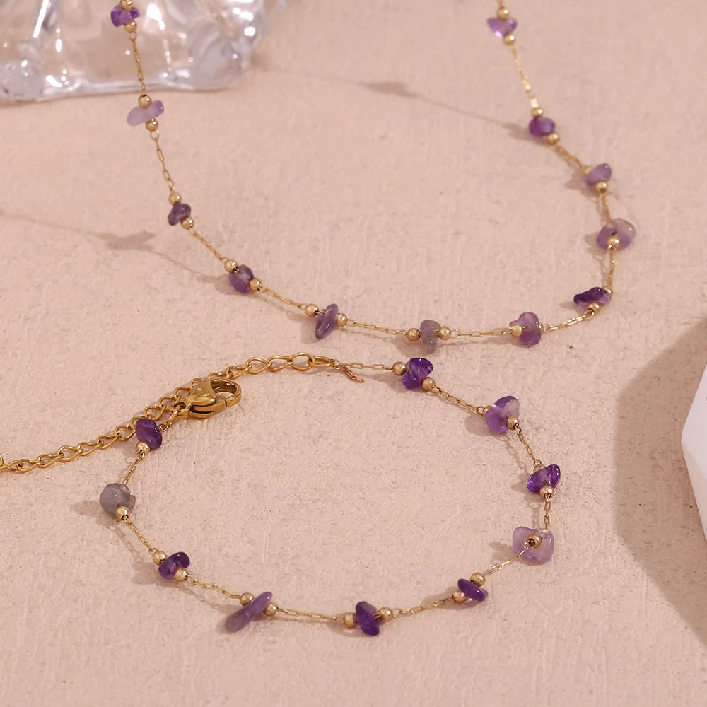 2025 Hot Selling Product Purple Crystal Beaded Chain Necklace Natural Stone Gold Plated Stainless Steel Jewelry