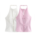 ZATRHMBM Women's Clothing 2024 New Fashion Halter Neck Bow Tie Top Retro Sleeveless Backless Elegant Vest