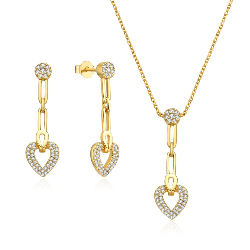 925 Sterling Silver Cubic Zirconia Love Heart Bridal Pendant Necklace Drop Earrings Set for Women Wedding Valentine's Day