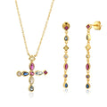 FUAMAY Silver 925 Gold Plated Earrings and Necklace Sets Rainbow Cubic Zirconia Tassel Earrings and Cross Necklace