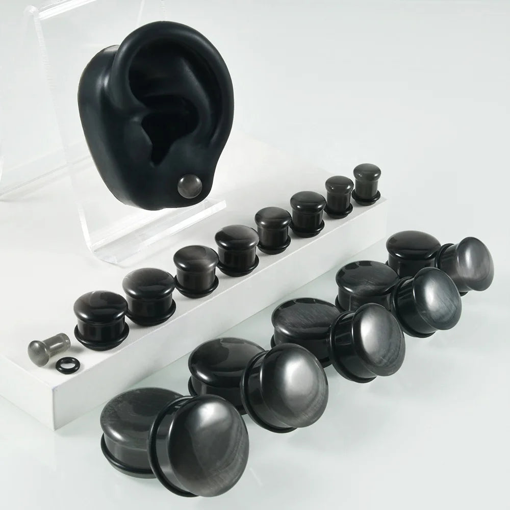 Single Flare Tunnel Gauge Ear Plugs Black Cat's Eye Stone with Diamond Pearl Man Ear Stretching Expander Body Piercing Jewelry