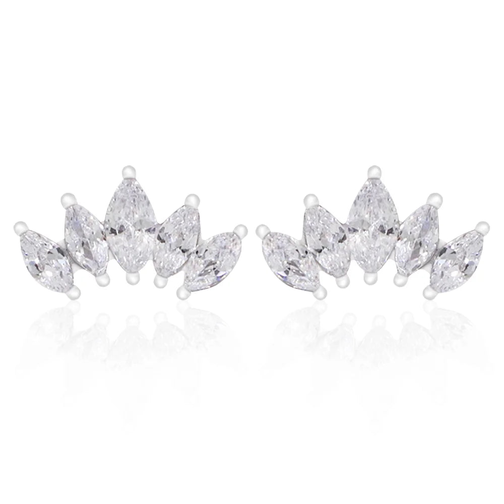 Chris April in Stock Silver 316L Stainless Steel Marquise Zircons Crown Shape Stud Earrings