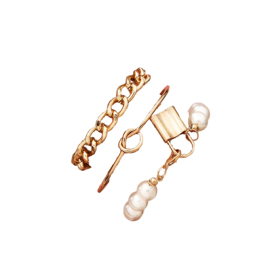 Trendy Exaggerated Street Style Four-Piece Bracelet with Imitation Pearl Lock Men and Women's Alloy Jewelry for Wedding or Gift