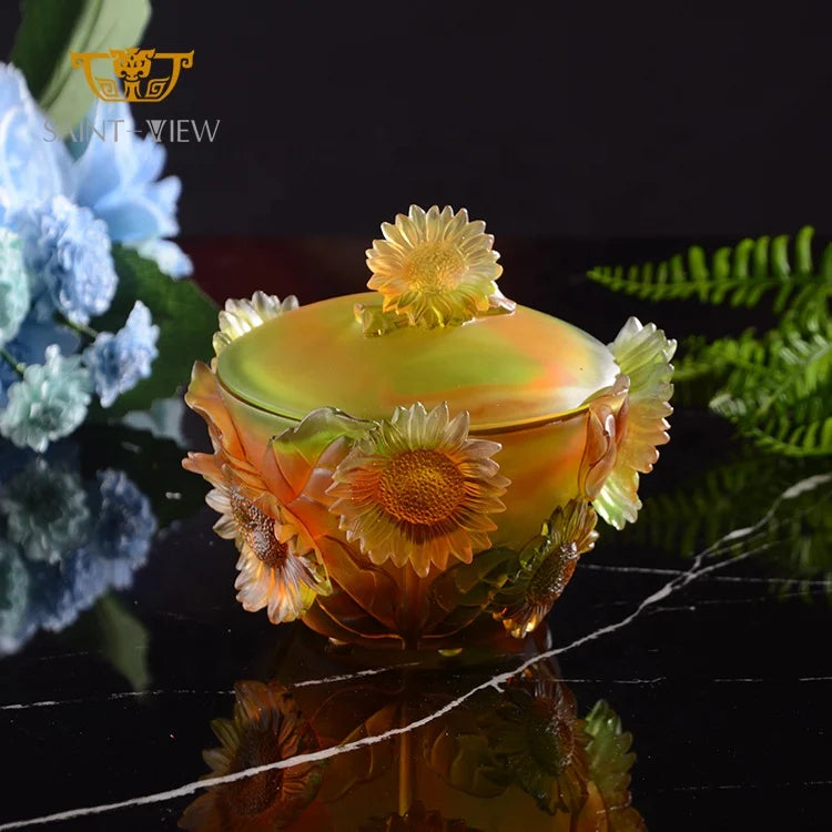 2024 Best Selling SAINT-VIEW Amber Crystal Polished Glass Sunflower Sugar Jar Desk Ornaments Office Decoration