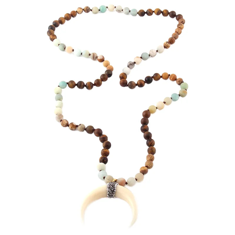 Bohemian Tribal Amazonite Jasper Tiger Eye Stone Ox Horn Mala Necklace with 108 Beads Crescent Moon Pendant Ox Horn Chain Type