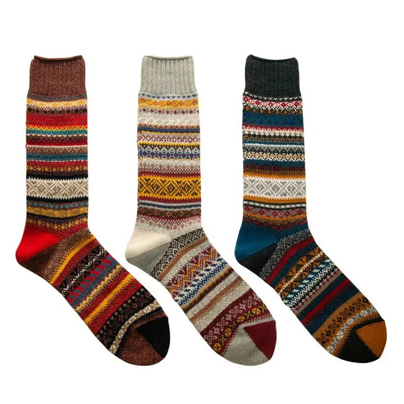 Wholesale Vintage Patterned Knitted Socks Men Casual Nordic Jacquard Cotton Crew Socks