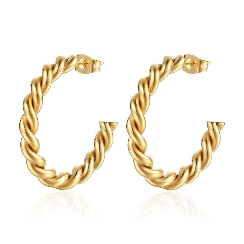 French Style 30mm 37mm Size Women Double Circle Earrings Jewelry 18K Gold Plated Stainless Steel Twisted Rope Loop Hoop Earrings