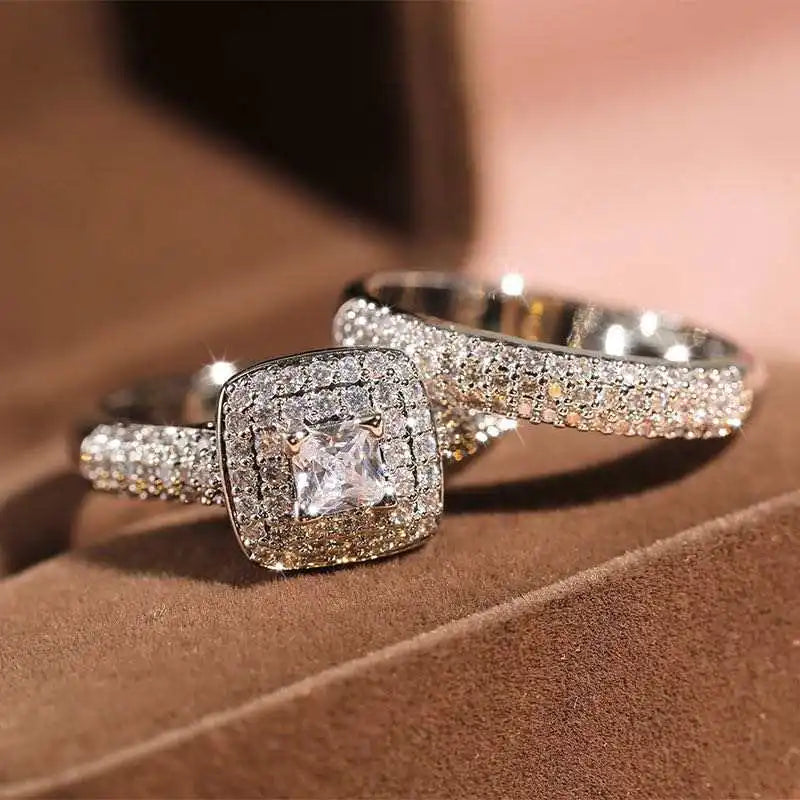 Fashion Silver Zircon White Gold Wedding Ring Set Geometric Crystal Diamond Wedding Rings Couple Set