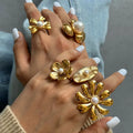 Hypoallergenic 18K Gold Plated Stainless Steel Rings Europe America Fashion Exaggerated Big Pearl Flower Rings Jewelry for Women