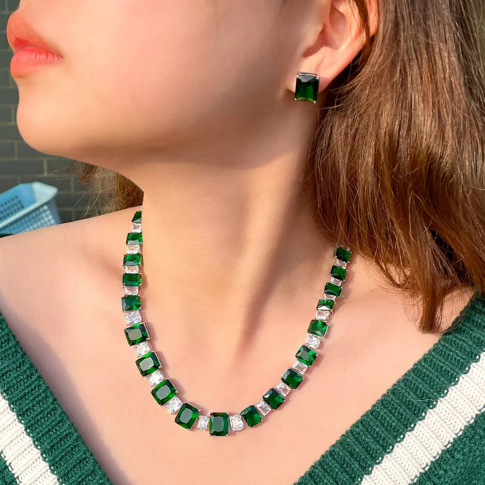 2 Pcs Luxury Square Cubic Zirconia Nigerian Dark Green Necklace Earrings Jewelry Sets for Women Bridal Wedding Costume Accessory