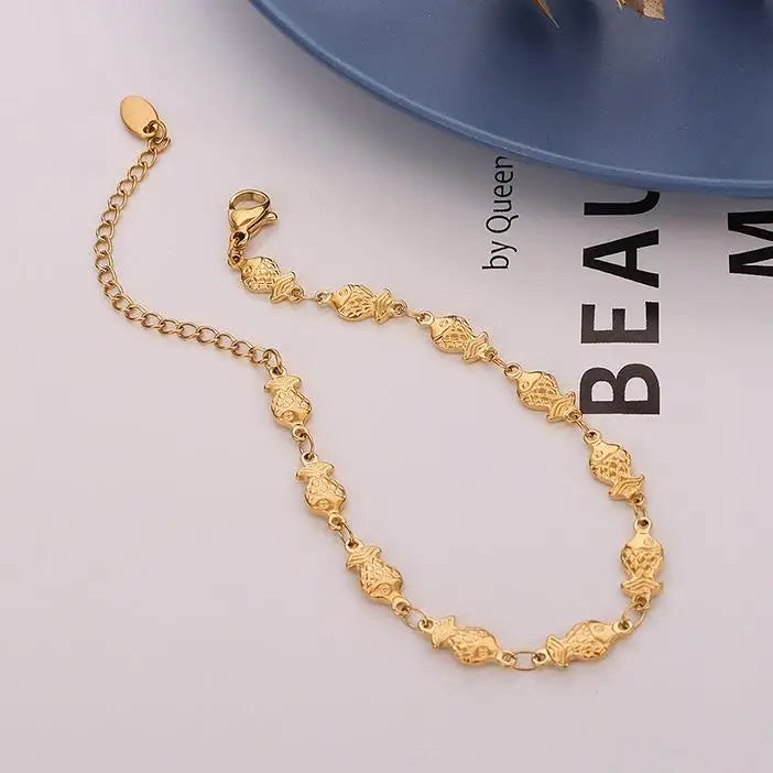 Japanese-style Stainless Steel Chain Women Fish Channel Charms Gold Plated Chunky Bracelet Bracelets & Bangles