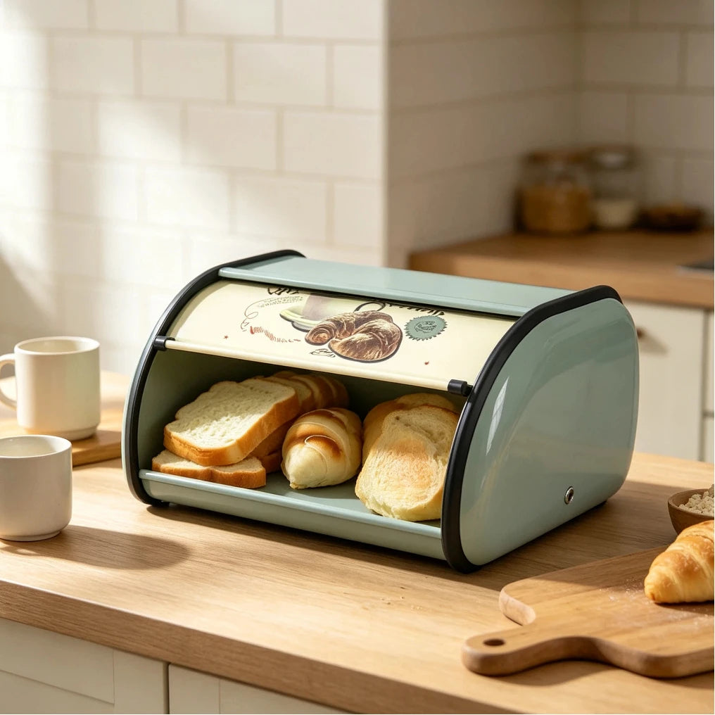 Farmhouse Bread Bin Roll-Top Lid Steel Bread Box for Kitchen Counter Large Size Capacity Vintage Metal Bread Storage