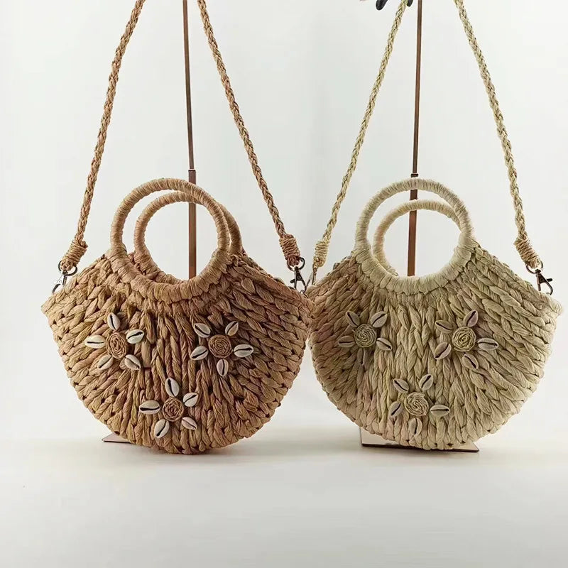 Summer Retro Women Handmade Straw Shoulder Bags Vacation Seaside Beach Ladies Shell Handbags Simple Girls Crossbody Bucket Bag