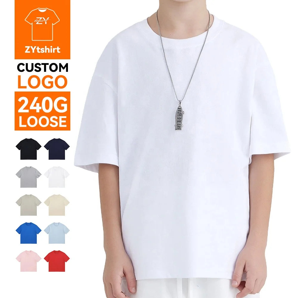 ZYtshirt Custom Logo Printing 240GSM Loose Kids Cotton T-Shirt Anti-Shrink Casual Tee for Children Wholesale