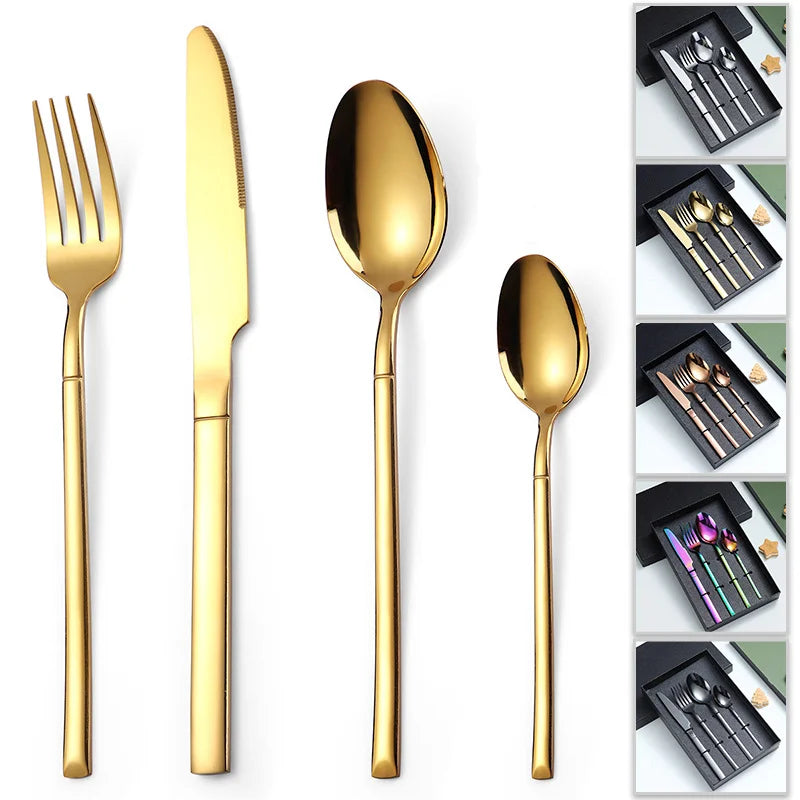 Hot Selling Stainless Steel 4Pcs Cutlery Set Knife Fork Spoon Gold Cutlery Silverware Flatware Set with Gift Box