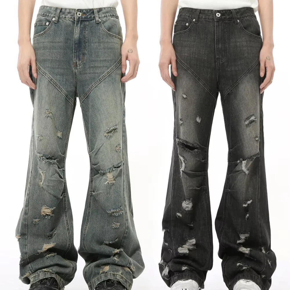 Street Style Men Patchwork Sewing Two-Color Matching Ripped Distress Jeans Men Flare Designer Jeans Denim Fitting Baggy Jeans