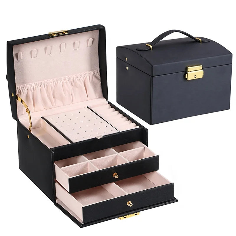 Travel Leather Storage Jewelry Box Organizer Leather Jewelry Storage Box With Double Three-Layer Drawer Lock
