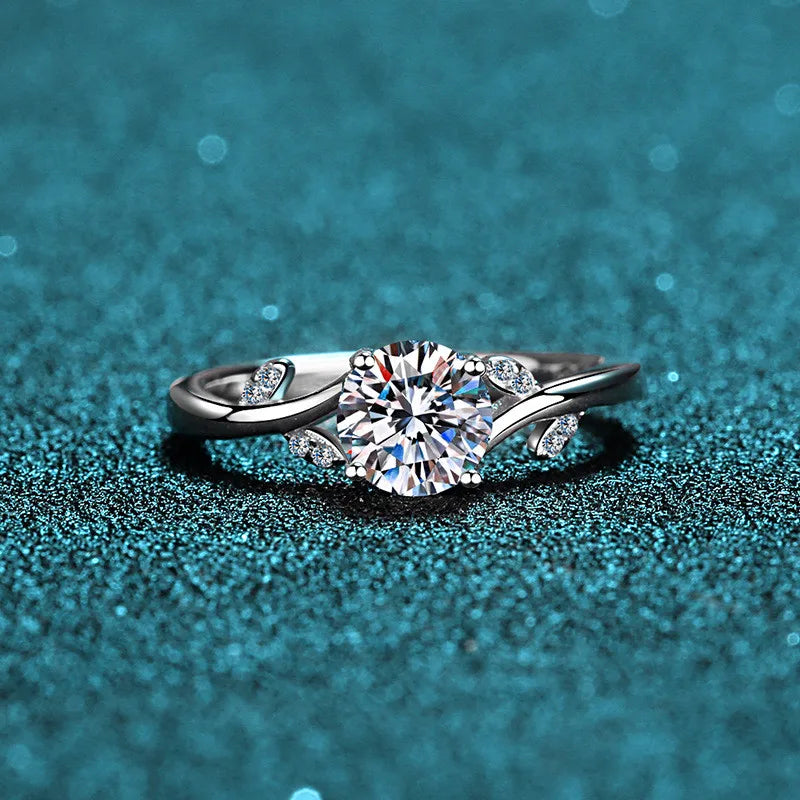Silver 925 Original 1 Carat Brilliant Cut Diamond Test Past D Color Moissanite Plant Leaf Ring Sparkling Gemstone Party Jewelry