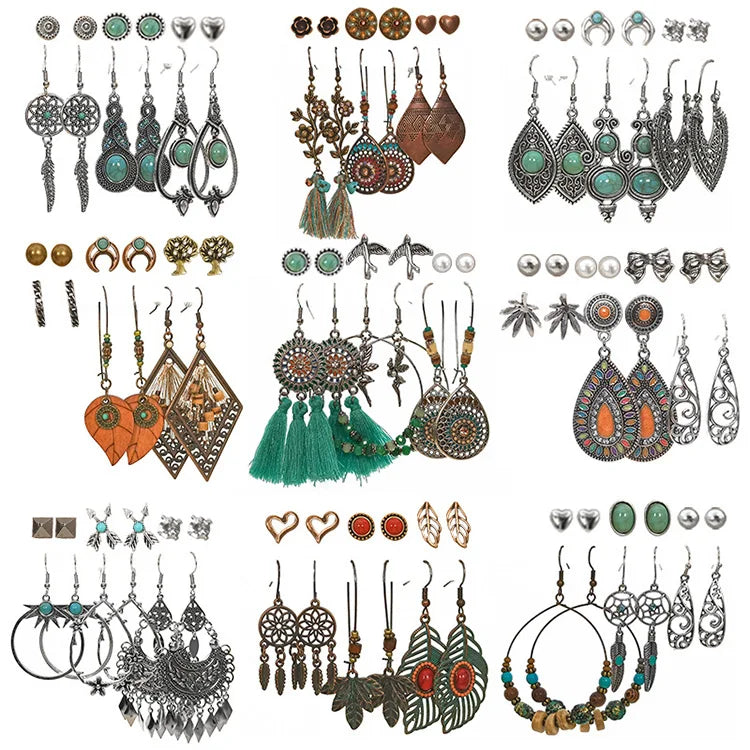 Cross-border Earrings Set Exquisite Leaves Love Heart Beaded Stud Earrings Ethnic Bohemian Earring Set for Women