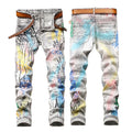 AeeDenim Splashed Ink Wash Painted Graffiti Abstract Print Denim Trousers Small Feet Slim Pants Men's and Women's Style Jeans