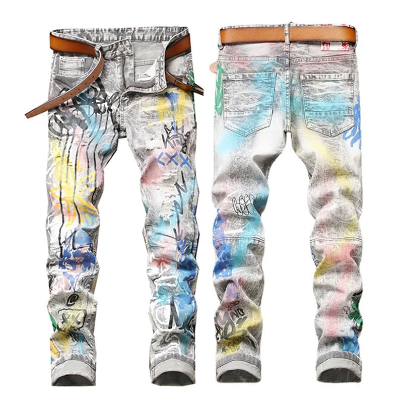 AeeDenim Splashed Ink Wash Painted Graffiti Abstract Print Denim Trousers Small Feet Slim Pants Men's and Women's Style Jeans