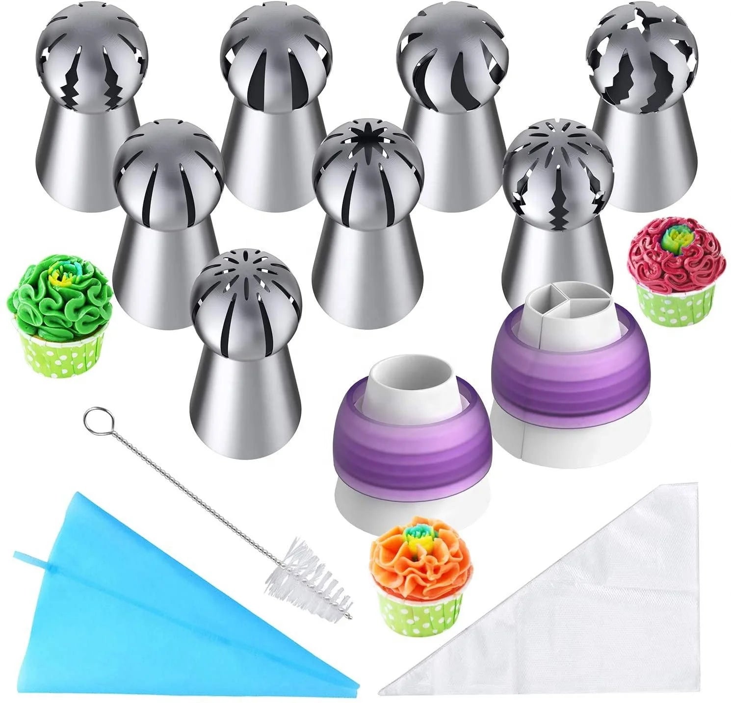 32Pcs Spherical Piping Tip Baking Supplies Set for Cupcake Decorating Couplers Reusable Bag Disposable Pastry Bag Cleaning Brush