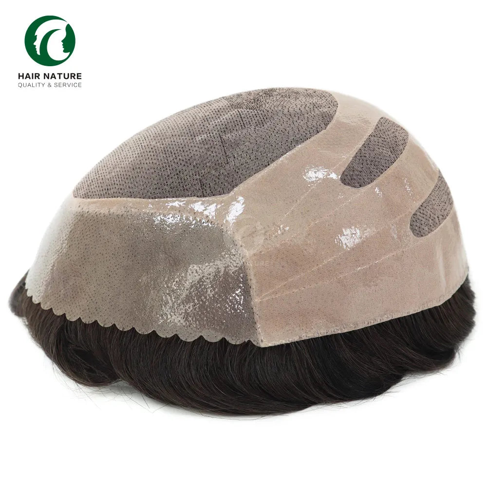 Durable Men's Indian Remy Hair Toupee with Fine Mono Base PU Coating 120% Density 30mm Curl 17cm Length