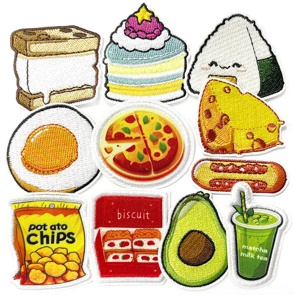 Iron on Cute Embroidered Food Pizza Cheese Cake Chip Egg  Patches for Clothes Bag Decoration