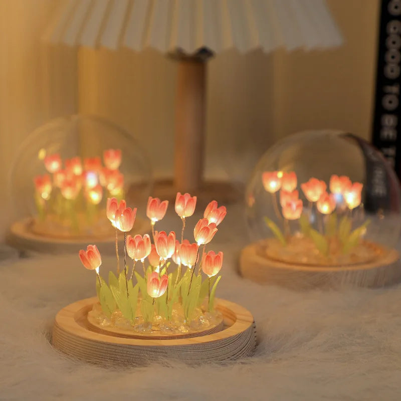 Decorative Glass Tulip Lamp LED Night Light Flower in Glass Dome Mini Size & Gift Sets for San Valentines 2023
