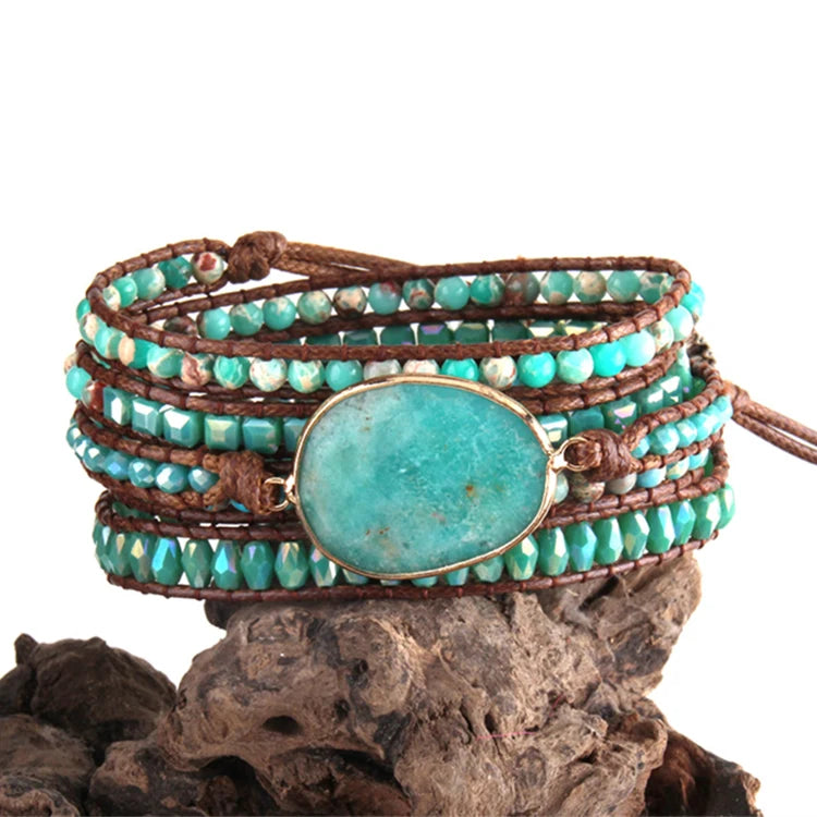2023 New Fashion Green Natural Stone Healing Beads Wrap Bracelet Collection for Women