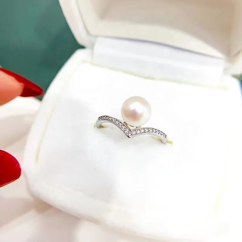 R932 7-8mm Natural Freshwater Pearl Ring Accessory 925 Sterling Silver Adjustable Size Engagement Jewelry Ring for Women